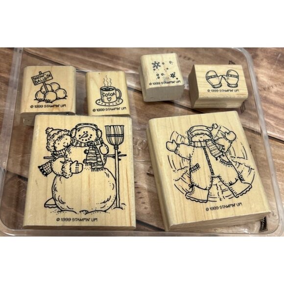 (#2) STAMPIN' UP! SNOW ANGELS Wood Mount Rubber Stamp set BALL COCOA MITTEN MAN - Picture 4 of 5